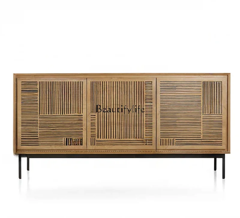 

LD33Zhonggu Solid Wood Sideboard Vintage Stainless Steel Oak TV Cabinet