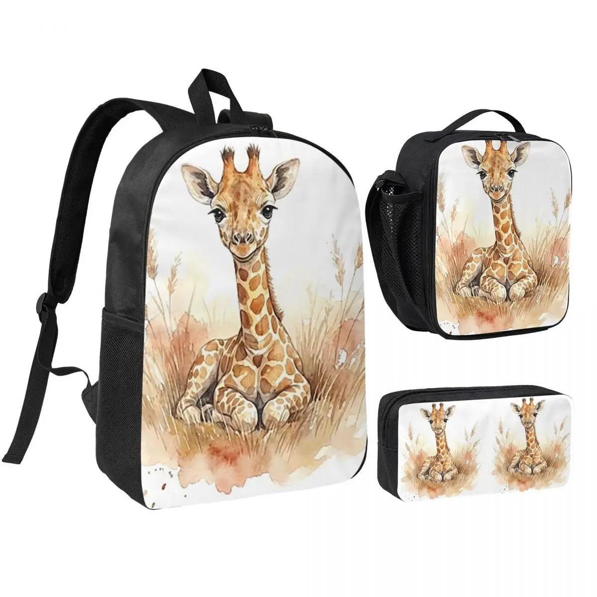 Giraffe Watercolor Pattern Backpack Student BookBag School Bag Shoulder Bags 3ps Insulated Lunch Bag Pencil Case