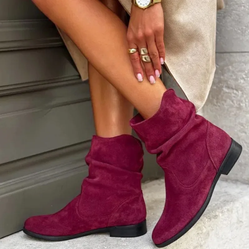 Low Heels Suede Solid Color Patchwork Round Toe V Cut Slouch Ankle Boots