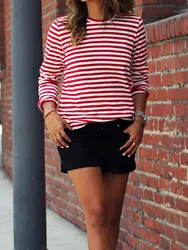 Women girls Red Striped Casual Autumn T-shirt  fashion Loose Long Sleeve Summer Spring Basic Inner Tops