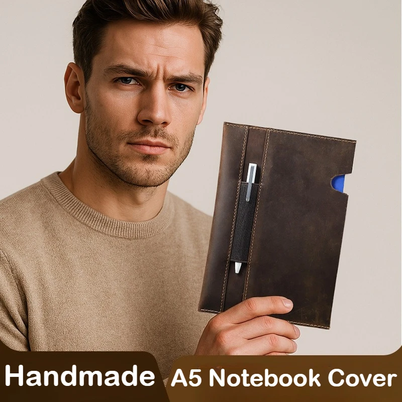 Handmade Crazy Horse Leather A5 Notebook Cover with Pen Slot Simple Clasp Cowhide Diary Case School Office Supplies Stationery