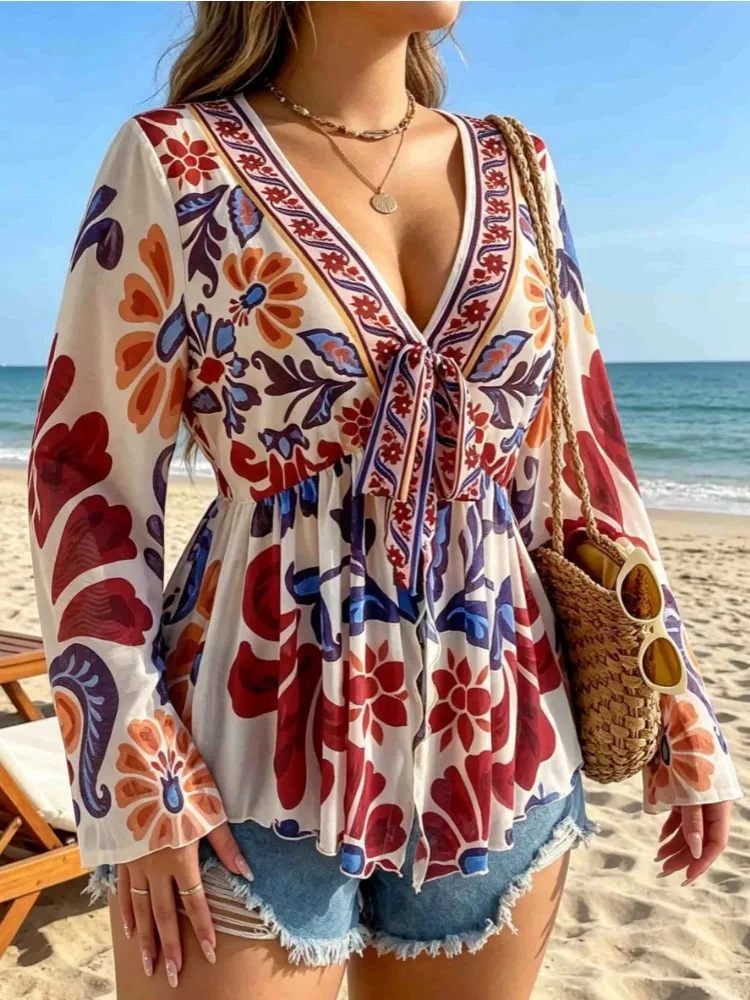 New Fashion V Neck Printed Cover Up Vacation Summer Plus Size Women's Blouse Beach Flare Sleeve Mesh Semi-sheer Loose Fit Shirt view 3