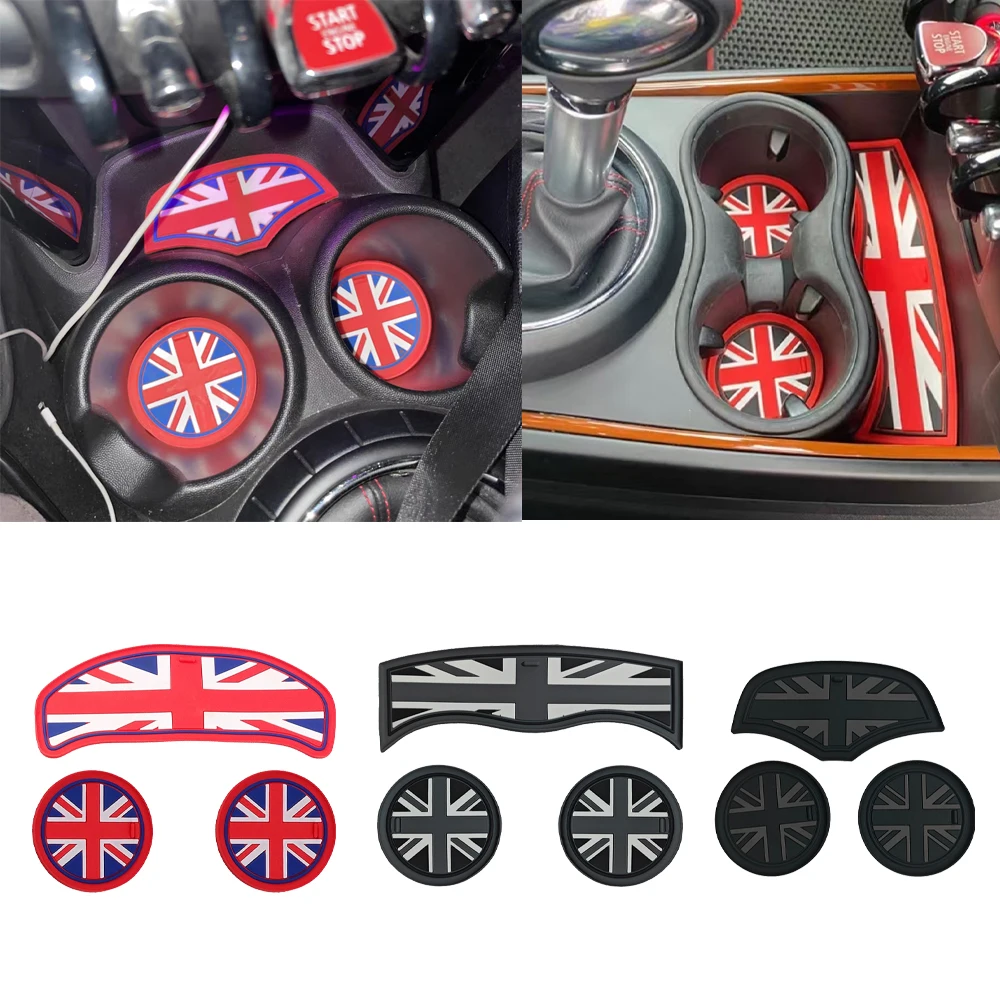 Black Union Jack Water Cup Mat Storage Groove Mat Set Interior For Mini Cooper S JCW F54 F55 F56 F57 F60 Countryman Clubman