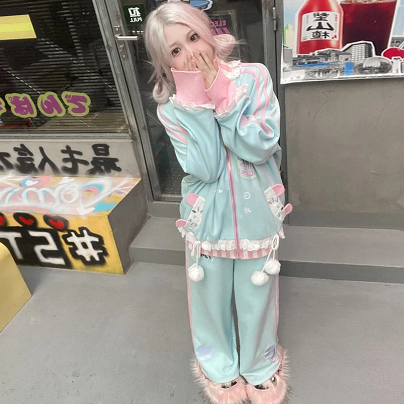 Y2k women clothing arcane Casual Leisure Suit Autumn Winter Overcoat and Sweatpants Cute Set Holiday Kwaii New Youthful Pant Set