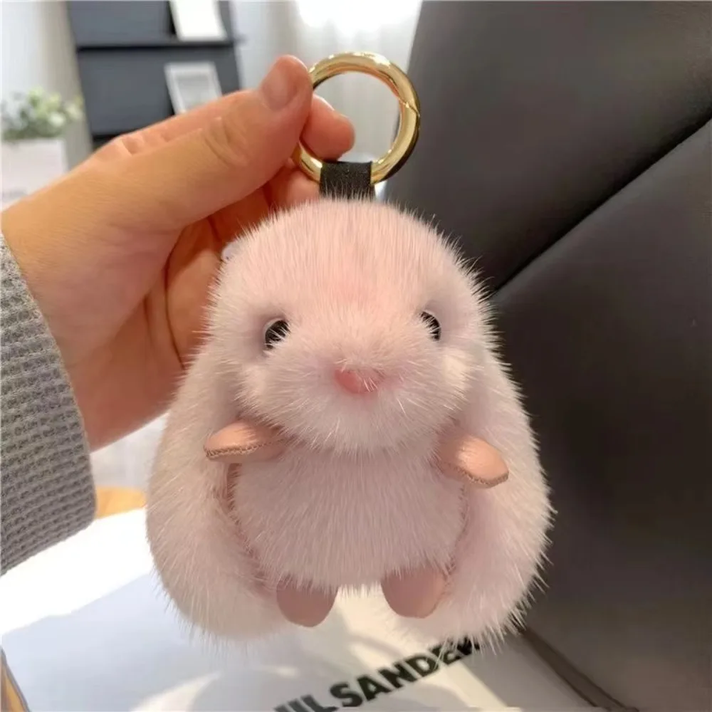 Cute Cartoon Rabbit Keychain Fluffy Fur Alloy Trinket Key Chain Pompon Bunny Key Ring