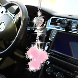 Bling Car Mirror Accessories for Women Men Love Heart and Pink Plush Ball Rinestones Car Accessories Car Rear View Mirror Charms