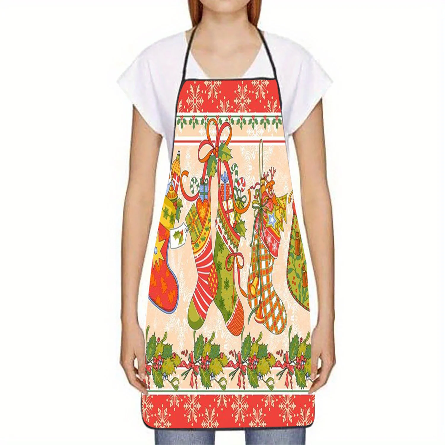 Christmas Cheer Sleeveless Apron with Snowflake & Stocking Print or Holiday Cooking, Baking & Kitchen Tasks