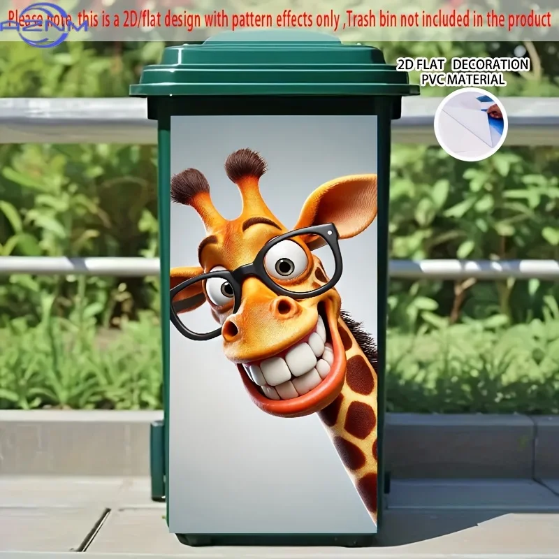 Cartoon Giraffe with Glasses Self-Adhesive Dustbin Stickers, Durable & Removable PVC Decorative Wheelie Bin Decals,  Perfect f