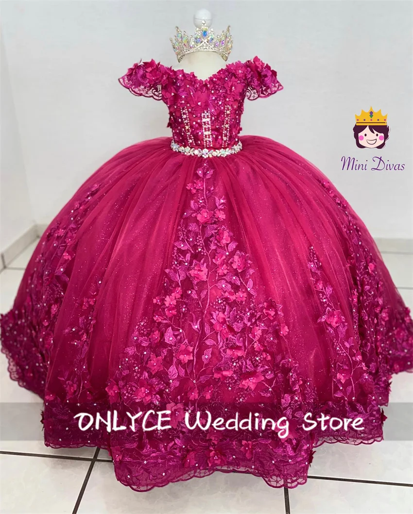 

Princess Fuchsia Flower Girl Dress Diamonds Applique Crystal Pearls Tulle Pageant Wedding Dress Birthday Vestidos Customized