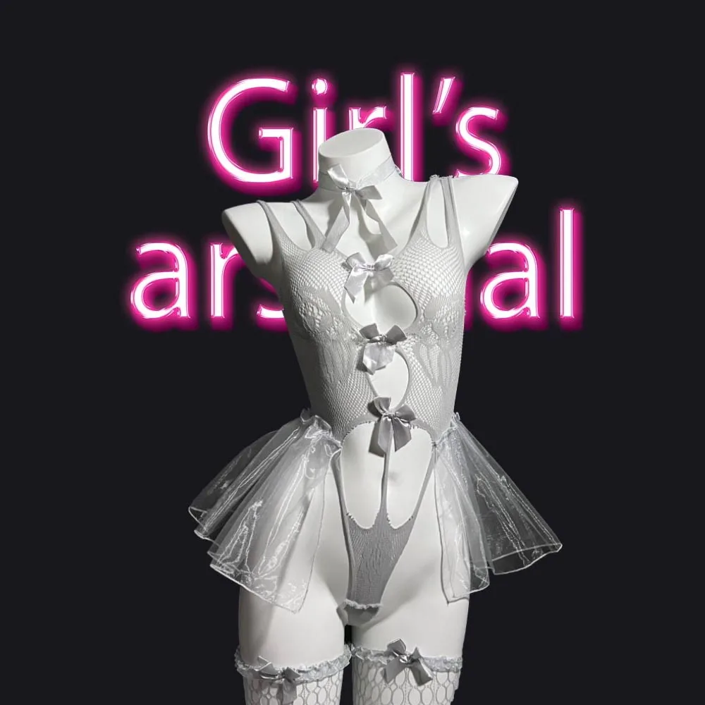 

With Wearing Stockings Sexy Clothing Lace Skirt Nightgown Mesh Bow Deep V Lace Skirt Transparent Slim Fit Sexy Lingerie Dress