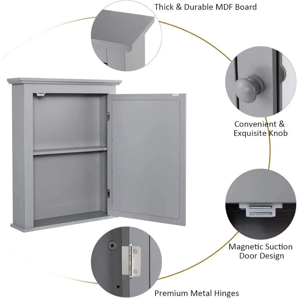 Bathroom cabinet with mirror, mirrored wall-mounted storage cabinet with single door and adjustable shelves in 5 positions