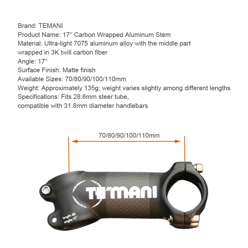 TEMANI Carbon Wrapped Bike Stem 17 Degree Goose Neck Stem For MTB Road Bike Folding Bike Fixed Gear Bicycle Handlebar Riser Part