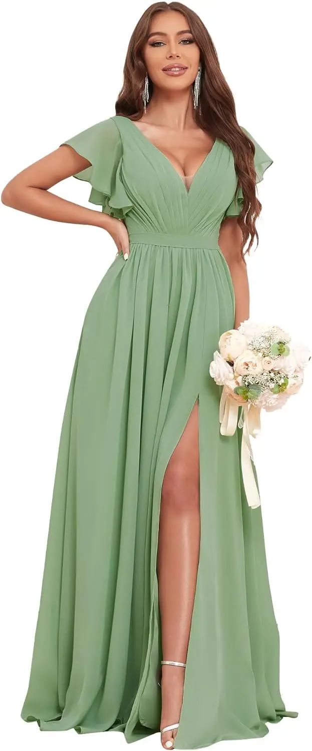 レディース ロングブライズメイドドレス シフォン Vネック スプリット Aライン イブニングドレス タイバック付き ボールルームドレス エレガント フォーマルイブニングドレス