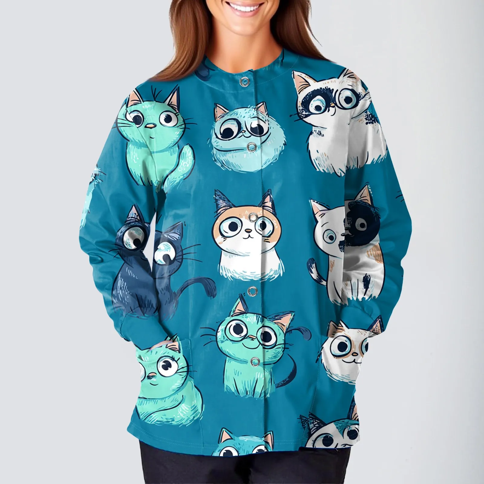 여성용 루즈핏 동물 프린트 간호사 유니폼 긴팔 O넥 싱글 브레스티드 스크럽 탑 뷰티 살롱 작업복