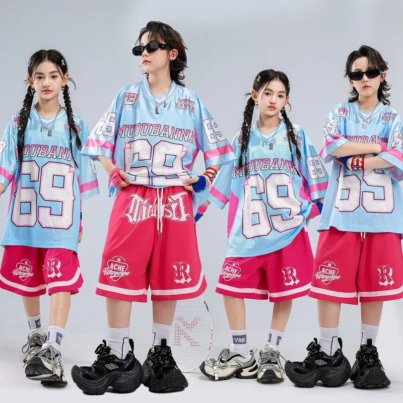 Kids Hip‑Hop Outfit Number Printed Jersey Shirt Contrast‑Color Sports Shorts Girls Boys Streetwear Costume For Jazz Dance Team