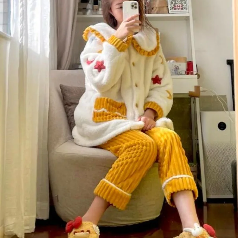 2024 Autumn Winter Coral Fleece Pajamas Women\'s Thick Fleece Long Sleeves Homewear Large Size Warm Sleepwear Flannel Loungewear