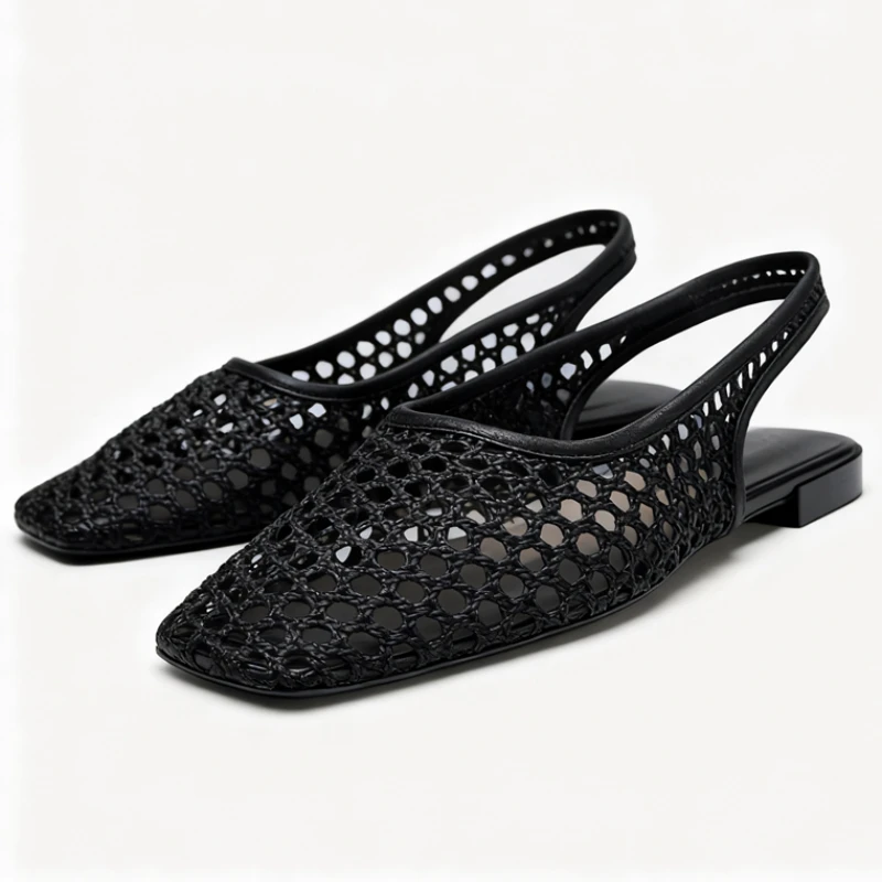 

Weave Mesh Breathable Mules Sandals for Women Summer New Slingback Beach Shoes Casual Square Toe Fashion Ballet Flats Ladies