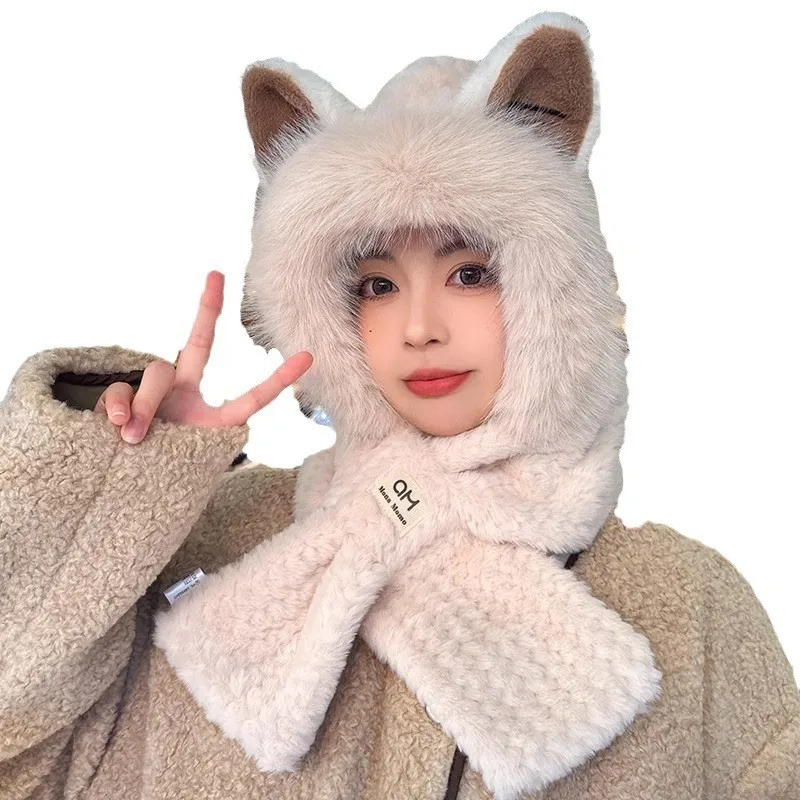 Winter hat girls cute little fox ears plush scarf one warm thick bib cold two piece set