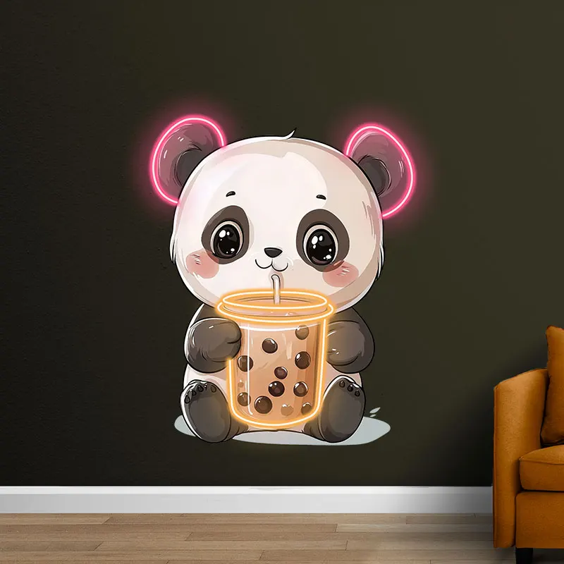 Toysign Cute Panda with Bubble Tea Neon Light - Adorable LED Wall Art for Kids Room, Nursery Decor - Pink & Orange Glow, Gift