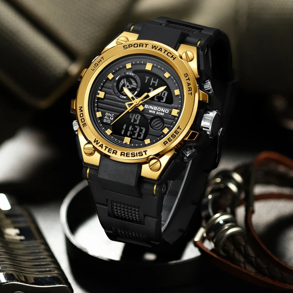 BINBOND 885 Watch Men Multi Functional Forces Quartz LED Dual Display Screen Automatic Calendar Week Night Light Watches for Man