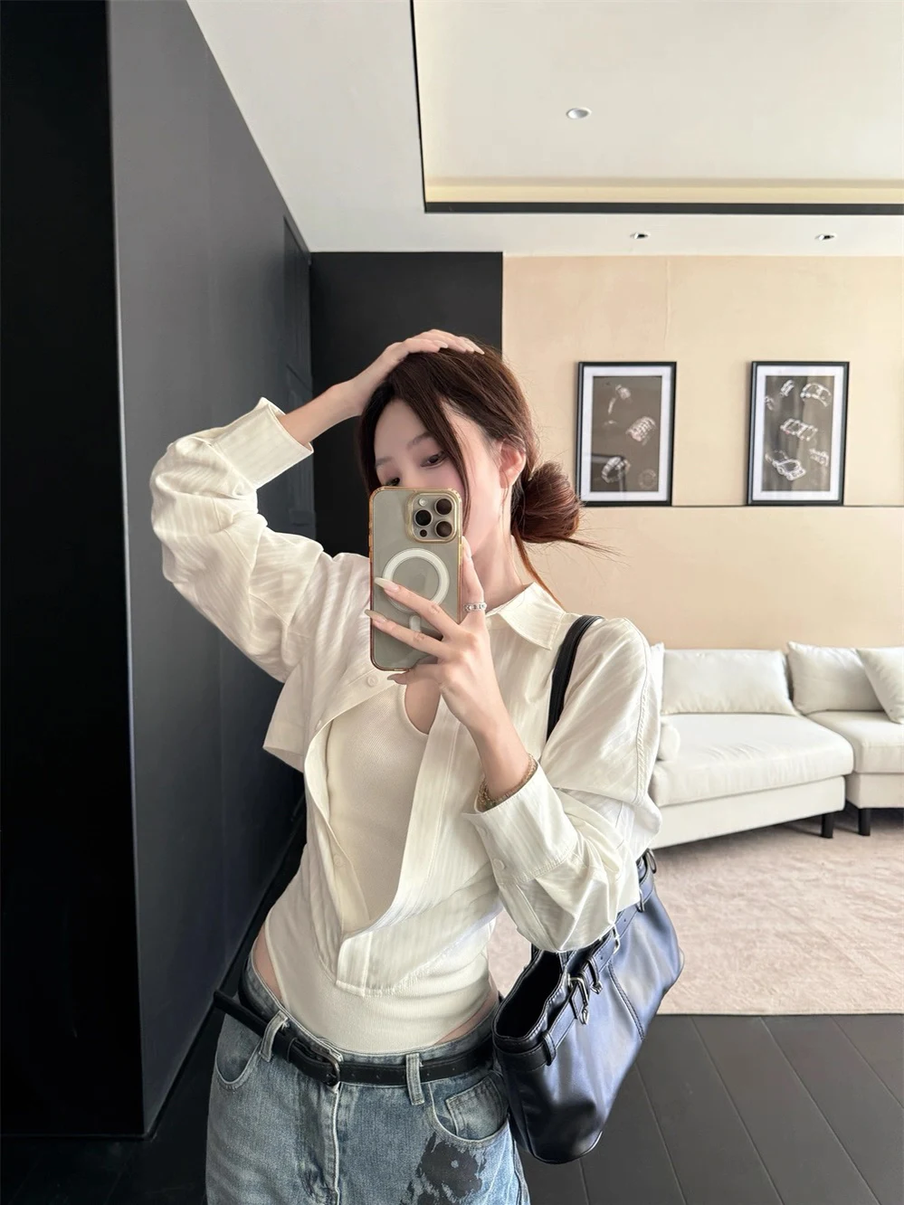 

Slim Fit Nesie irt, женская тонкая талия, осенняя мода, французский дышащий длинный све, однотонная молния