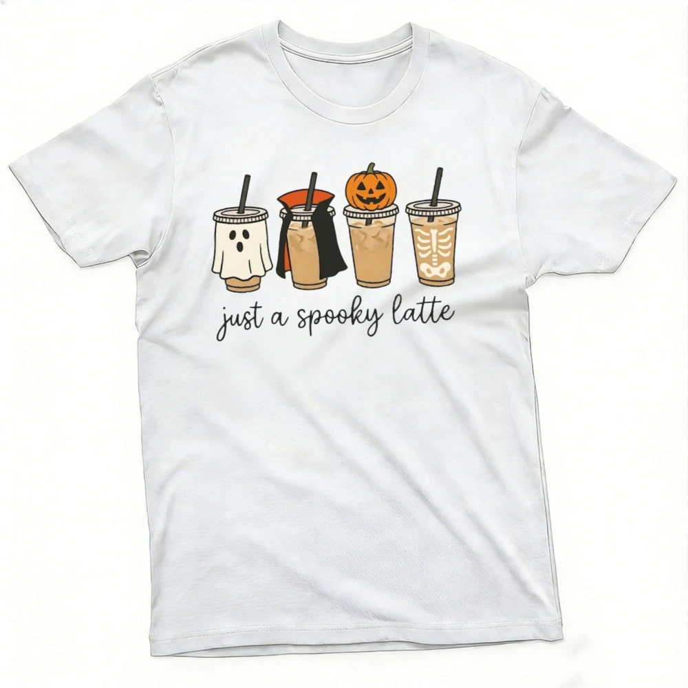 Funny Halloween Ghost Vampire Pumpkin Skeleton Coffee Cup Graphic T Shirt Men Spooky Season Holiday Short Sleeve Tee