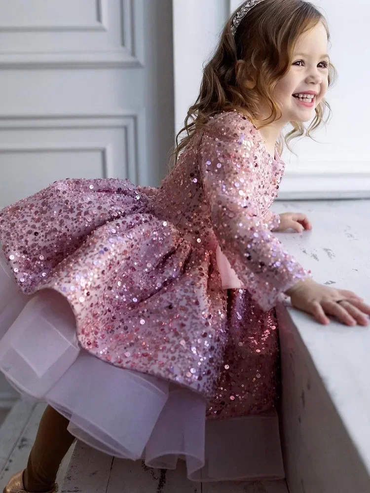 Vestido de lentejuelas para niña, vestido de pastel con lazo grande para bebé, vestido de princesa para niños, nuevo