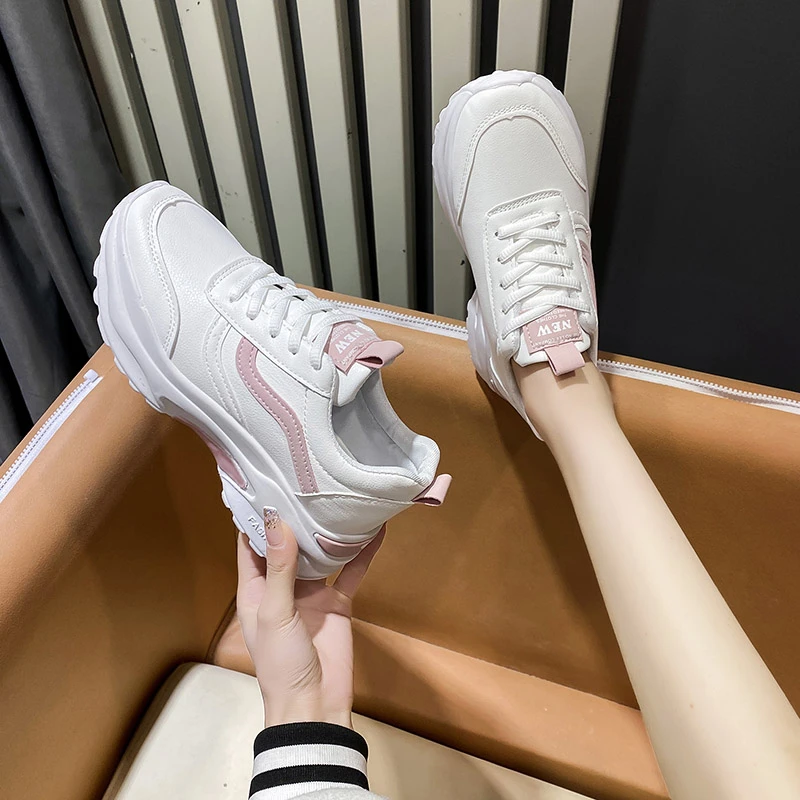 Casual Women Thick-soled Sneakers Fashion Spring Autumn Summer White Black PU lace-up  Vulcanized Shoes Mesh Rubber Non-slip New