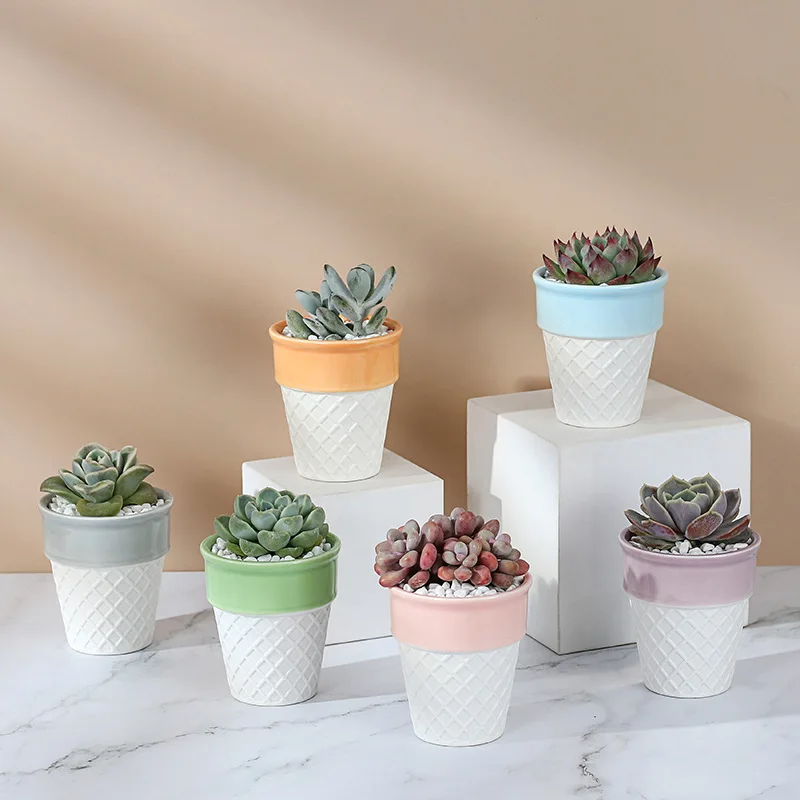 

6-pieces Ceramic Planters for Cacti and Succulent Plants Little Ice Cream Porcelain Flowerpots 3-Inch Garden Desktop Pots