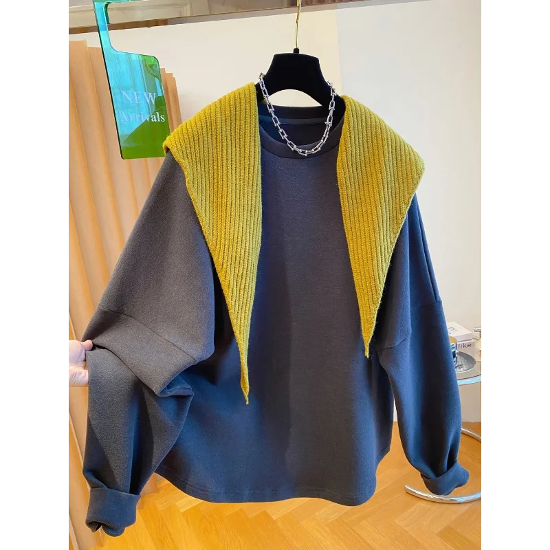 Blauw gebreide sjaal plus fleece sweatshirt voor dames herfst en winter losse casual top met ronde hals