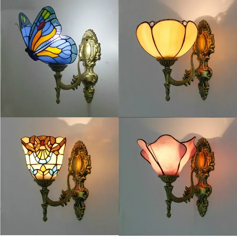 Retro Up Down Stained Glass Butterfly Wall Lights for Bedroom Bedside Corridor Mirror Front E27 LED Turkish Lamp