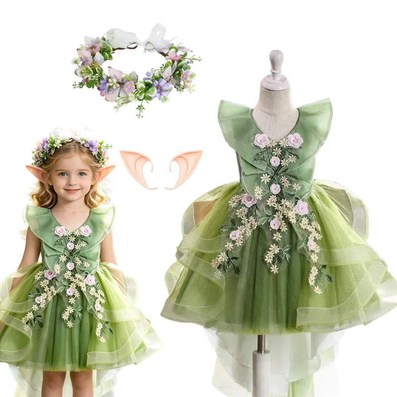 Disfraz de Princesa Elfa del Bosque, Vestido Tutú con Bordado de Flores Verdes y Corona de Orejas, para Fiestas de Cumpleaños y Halloween