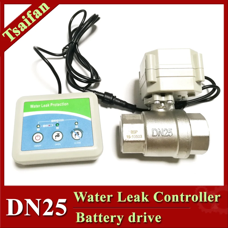 Water leakage Protection device with DN25 SS304 Electric Valve, 3VDC Water Leak Alarm Sensor Auto close Valve when Leaking