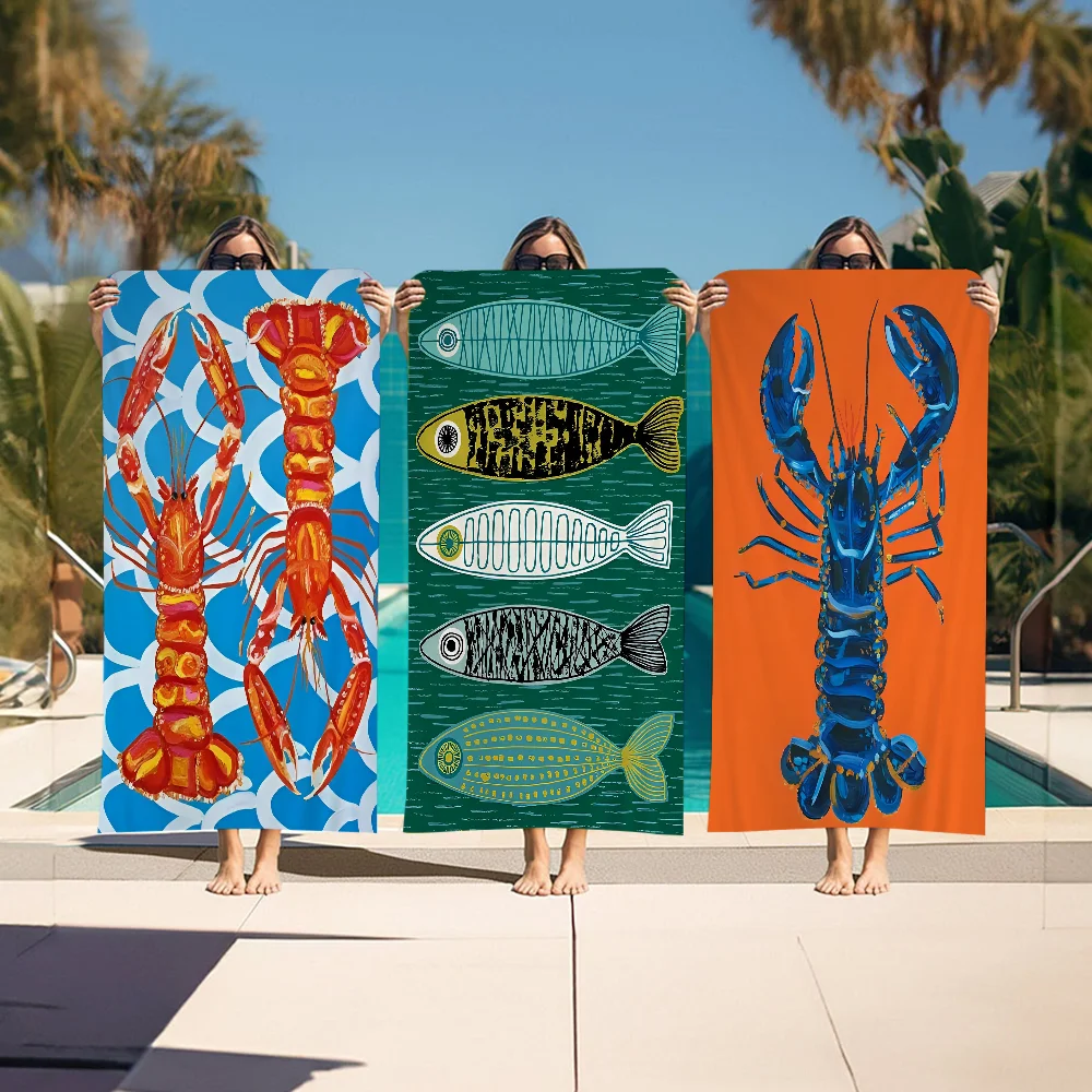 Colorful Sardine Lobster Fish Ocean Animal Microfiber Printed Beach Towel Mountain Climbing Yoga Absorbent Soft Towel