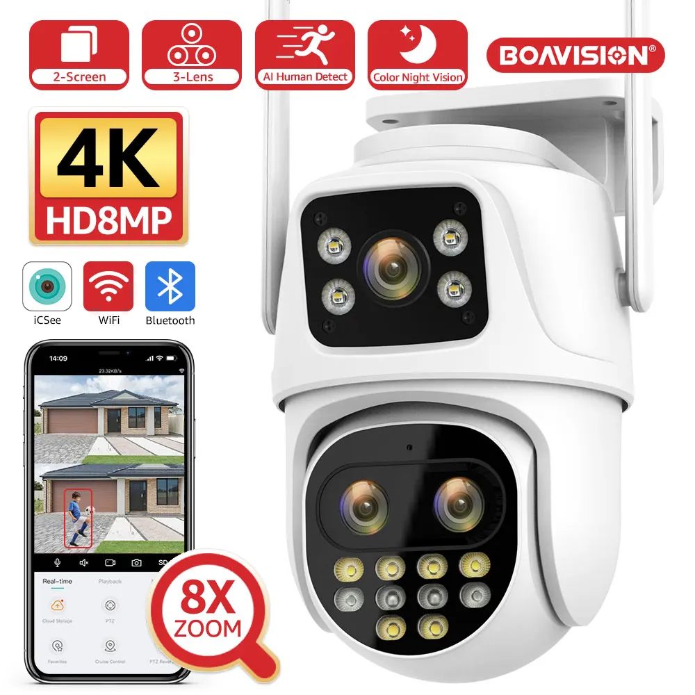 8MP Dual Screen And Dual Lens Wifi Surveillance Camera Ai Auto Tracking Color Night Vision Bluetooth Outdoor PTZ Security Camera