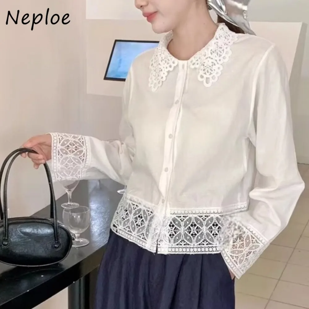 

Neploe Minority Long Sleeve Turn-down Collar Fresh Crop Top 2025 New Korea All-match Shirts Embroidery Lace Hollow Out Blouses