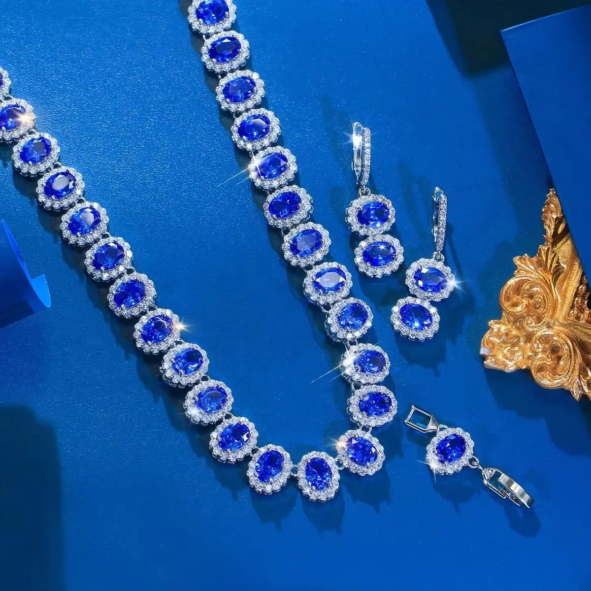 Pera Luxury Shiny Oval Synthetic Tanzanite Blue Wedding Banquet Necklace Earrings Pageant Bridal Jewelry Sets for Women J012