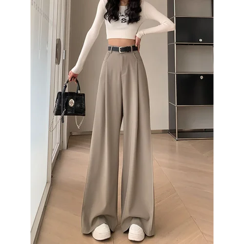Pantalones de traje informales fluidos de cintura alta para mujer, pantalones de pierna ancha rectos sueltos, longitud hasta el suelo para primavera y otoño
