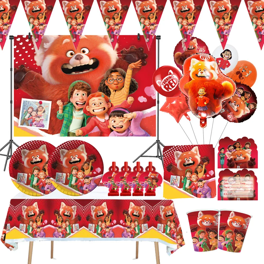 

Disney Turning Red Birthday Party Decoration Disposable Tableware Paper Plate Paper Cup Tablecloth Banner Kids Party Suplies