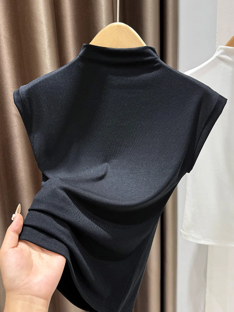 

Элитная трикотажная футболка из лиоцелла и шелка с коротким рукавом для женщин, летняя, тонкая, из ледяного шелка, базовый слой, черный топ с высоким воротником