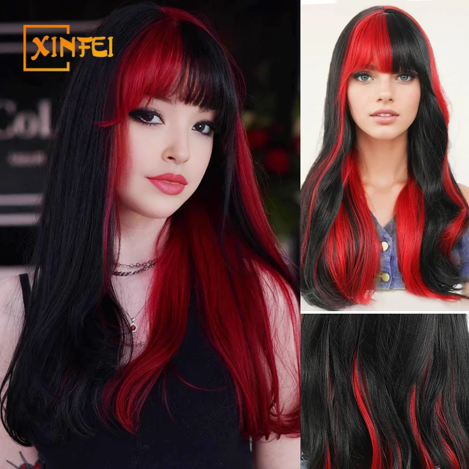 

22Inch Black Red Ombre Sexy Synthetic Wigs With Bangs Medium Natural Straight Hair for Women Daily Use Cosplay Heat Resistant