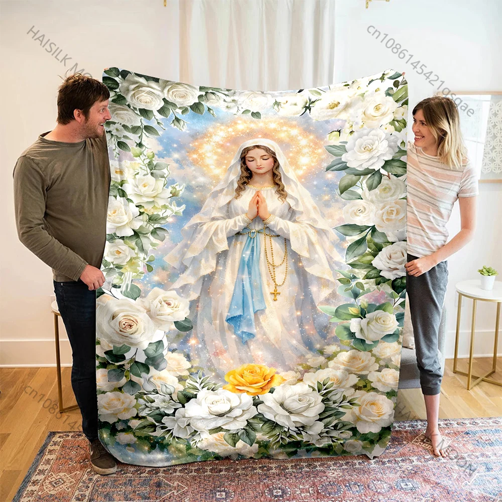 1PC Virgin Mary with white roses Print Blanket Warm Soft Fluffy Kids and Adult Sofa Bed Throw Blanket Outdoor Travel Camping RV