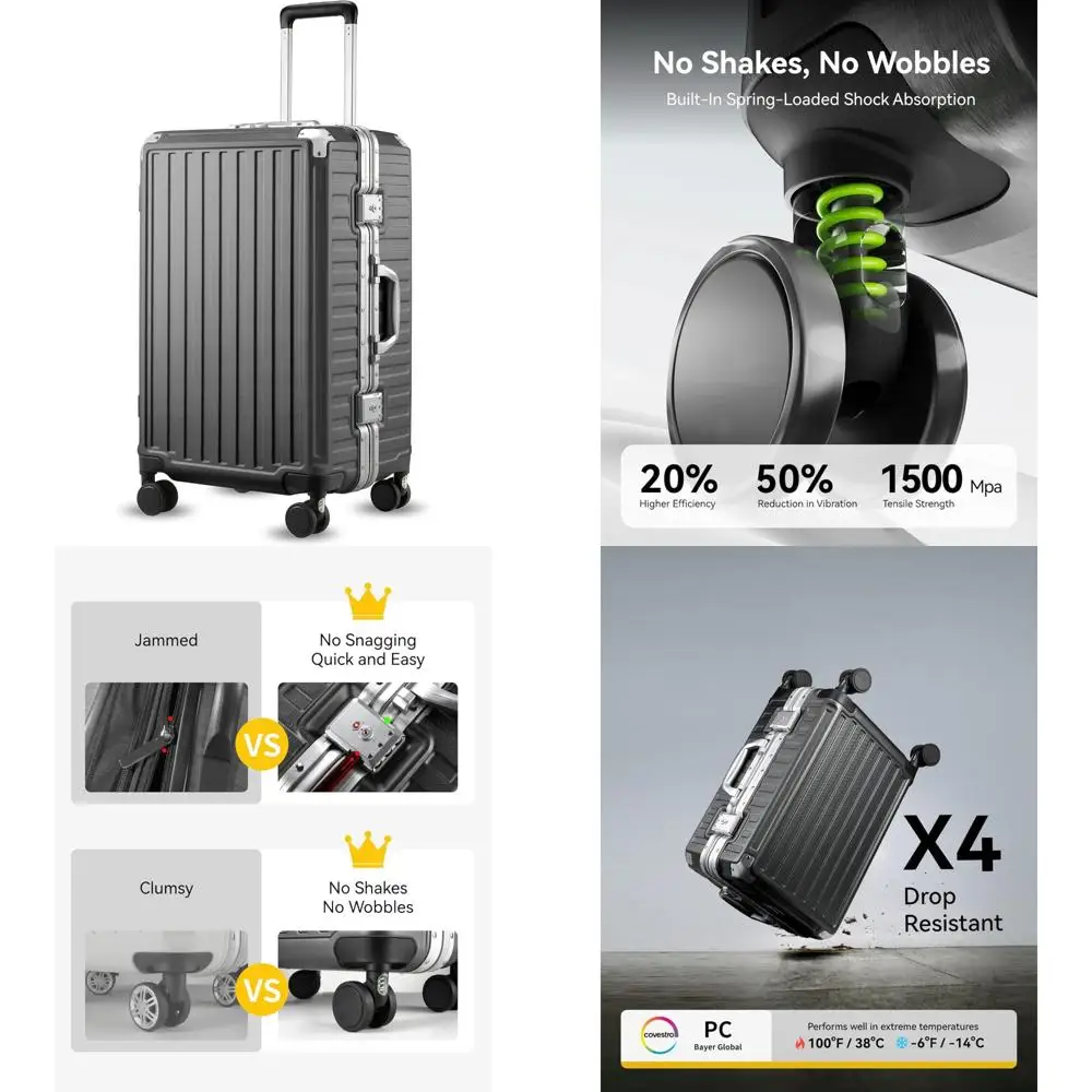 

24 Inch Spinner Luggage - Aluminum Frame Hard Shell Suitcase, Zipperless Polycarbonate, Charcoal Metallic Finish