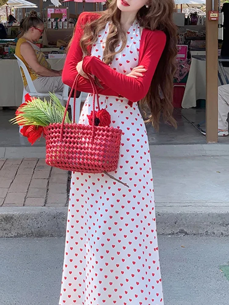 Primavera 2025 Set cardigan rosso da appendere vintage a pois V-Ne Dr Ne da donna, completo da due pezzi, abbigliamento estivo