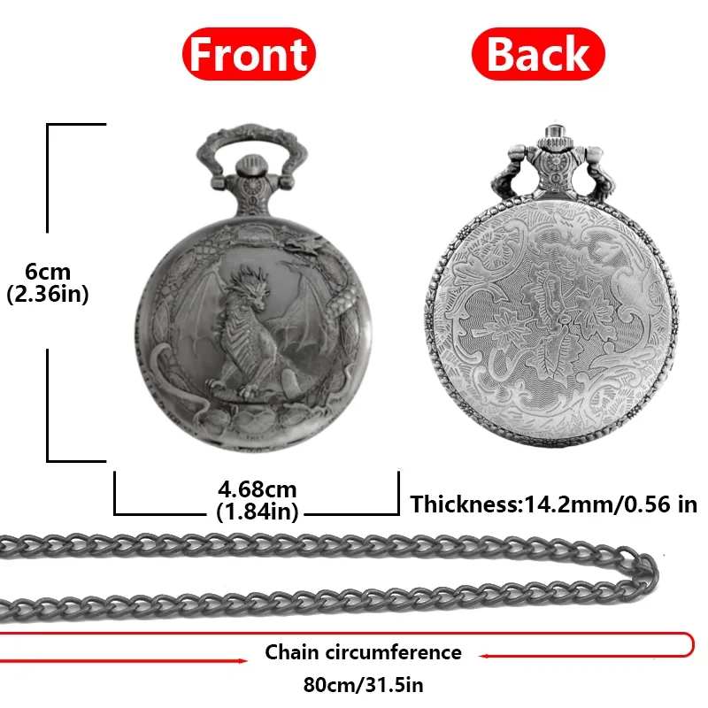 Vintage Steampunk hübsche, mit Drachen geschnitzte Quarz-Taschenuhr, Halskette, Anhänger, Uhrkette, Geschenke für Männer und Frauen – Detail 10