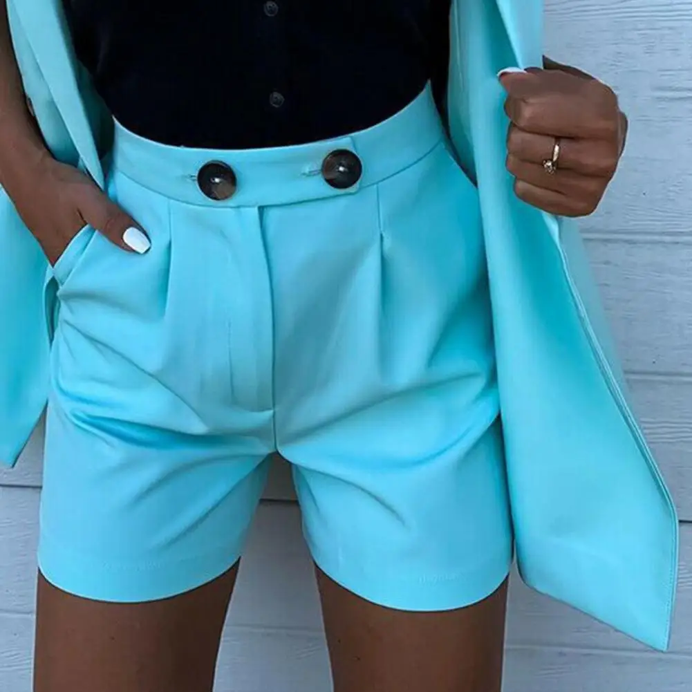 Women Suit Set Solid Color Wide Leg Spring Summer Lapel Buttons Vest Pockets Shorts for Office Commuter Vest Blazer Shorts Set