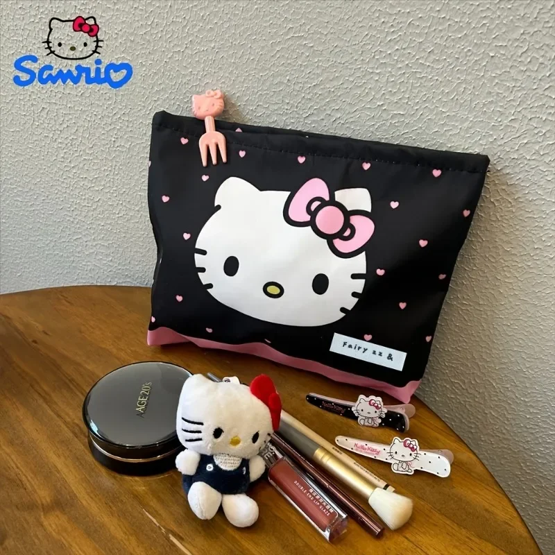 Cute Sanrio Black Pink Hello Kitty Cartoon Cosmetic Bag Anim Portable Canvas Travel Sundries Storage Bag Large Coin Purse