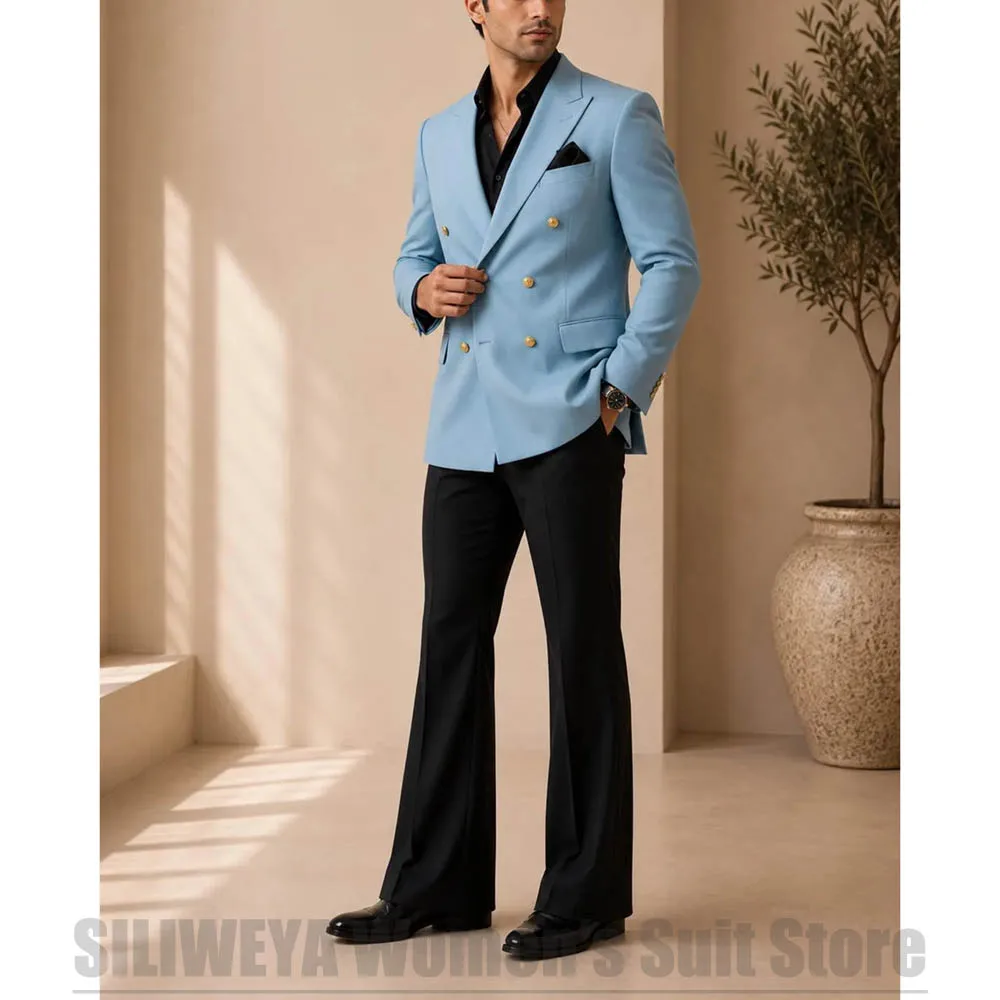 Men Double Breasted Gold Button Blazer with Black Pants Two Tone Suit Formal Outfit For Wedding Party Business Casual Tuxedo