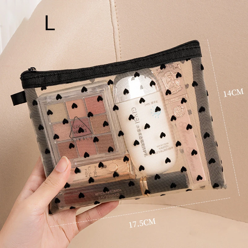 Love Heart Fashion Mesh Cosmetic Bag Portable Toiletries Organizer Portable Makeup Bag Transparent Women Lipstick Storage Pouch