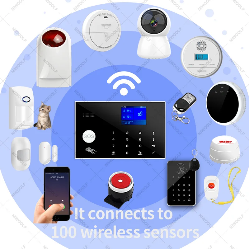 Tuya Smart Wifi GSM Home Alarm System Touch Keyboard RFID Card Remote Control APP Control With 433MHz Wireless Detector Sensor